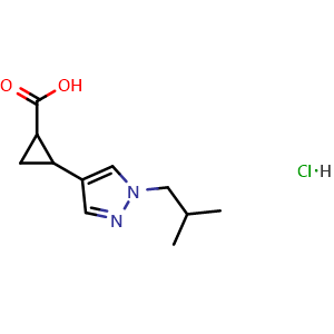 Chemical structure of 2-(1-isobutylpyrazol-4-yl)cyclopropanecarboxylic acid hydrochloride , CAS 2940955-72-4, AChemBlock X213624