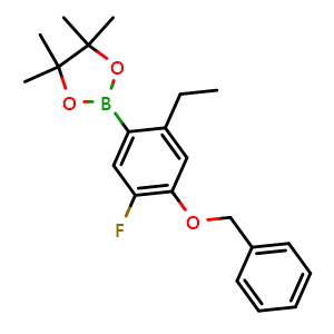 Chemical structure of 2-(4-benzyloxy-2-ethyl-5-fluoro-phenyl)-4,4,5,5-tetramethyl-1,3,2-dioxaborolane , CAS 1825308-37-9, AChemBlock X213706