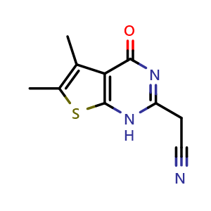 Chemical structure of 2-(5,6-dimethyl-4-oxo-1,4-dihydrothieno[2,3-d]pyrimidin-2-yl)acetonitrile , CAS 726151-97-9, AChemBlock X213725