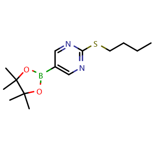 Chemical structure of 2-(butylsulfanyl)-5-(4,4,5,5-tetramethyl-1,3,2-dioxaborolan-2-yl)pyrimidine , CAS 2828444-01-3, AChemBlock X213770