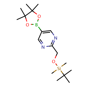 Chemical structure of 2-{[(tert-butyldimethylsilyl)oxy]methyl}-5-(4,4,5,5-tetramethyl-1,3,2-dioxaborolan-2-yl)pyrimidine , CAS 2766346-94-3, AChemBlock X213994