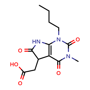 Chemical structure of 2-{1-butyl-3-methyl-2,4,6-trioxo-1H,2H,3H,4H,5H,6H,7H-pyrrolo[2,3-d]pyrimidin-5-yl}acetic acid , CAS 726153-21-5, AChemBlock X213998