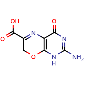 Chemical structure of 2-amino-4-oxo-1H,4H,7H-pyrimido[4,5-b][1,4]oxazine-6-carboxylic acid , CAS 73217-10-4, AChemBlock X214032