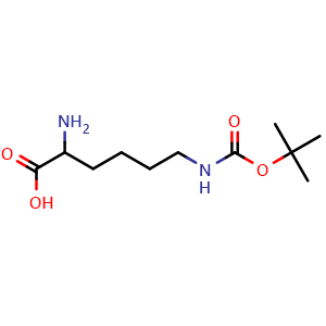 Chemical structure of 2-amino-6-(tert-butoxycarbonylamino)hexanoic acid , CAS 1187656-20-7, AChemBlock X214041