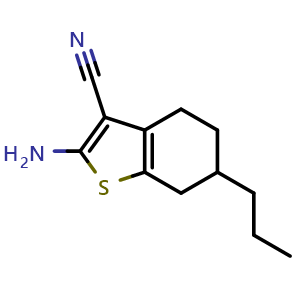 Chemical structure of 2-amino-6-propyl-4,5,6,7-tetrahydrobenzo[b]thiophene-3-carbonitrile , CAS 350996-91-7, AChemBlock X214046