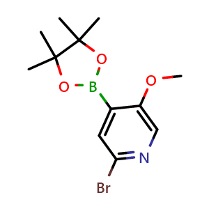 Chemical structure of 2-bromo-5-methoxy-4-(4,4,5,5-tetramethyl-1,3,2-dioxaborolan-2-yl)pyridine , CAS 2096334-49-3, AChemBlock X214118
