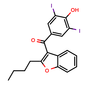 Chemical structure of 2-butyl-3-(3,5-diiodo-4-hydroxy benzoyl) benzofuran , CAS 1951-26-4, AChemBlock X214144