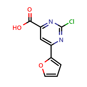 Chemical structure of 2-chloro-6-(2-furyl)pyrimidine-4-carboxylic acid , CAS 1181607-35-1, AChemBlock X214182