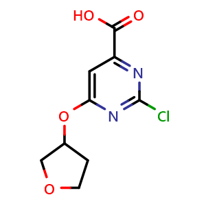Chemical structure of 2-chloro-6-tetrahydrofuran-3-yloxy-pyrimidine-4-carboxylic acid , CAS 1855543-40-6, AChemBlock X214195