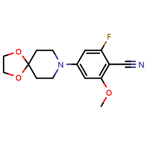 Chemical structure of 2-Fluoro-6-methoxy-4-(1,4-dioxa-8-azaspiro[4.5]decan-8-yl)benzonitrile , CAS 1960391-58-5, AChemBlock X214248