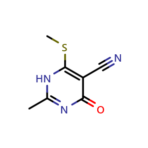 Chemical structure of 2-methyl-6-(methylthio)-4-oxo-1,4-dihydropyrimidine-5-carbonitrile , CAS 15908-63-1, AChemBlock X214316