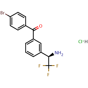 Chemical structure of 3-((1r)-1-amino-2,2,2-trifluoroethyl)phenyl 4-bromophenyl ketone hydrochloride , CAS 2563514-46-3, AChemBlock X214349
