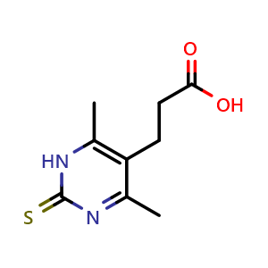 Chemical structure of 3-(4,6-dimethyl-2-sulfanylidene-1,2-dihydropyrimidin-5-yl)propanoic acid , CAS 847744-19-8, AChemBlock X214411