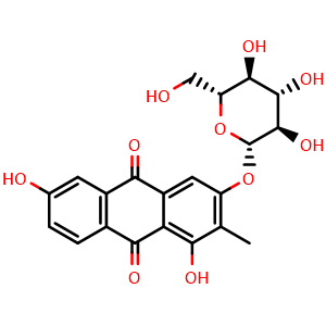 Chemical structure of 3-(beta-D-Glucopyranosyloxy)-1,6-dihydroxy-2-methyl-9,10-anthracenedione , CAS 125906-49-2, AChemBlock X214436