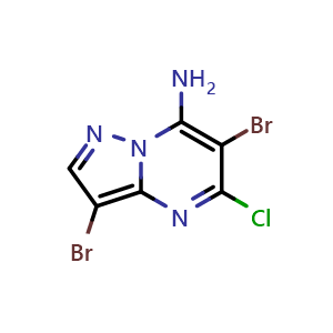 Chemical structure of 3,6-dibromo-5-chloro-pyrazolo[1,5-a]pyrimidin-7-amine , CAS 2940961-28-2, AChemBlock X214537