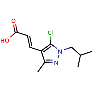 Chemical structure of 3-[5-chloro-3-methyl-1-(2-methylpropyl)-1H-pyrazol-4-yl]prop-2-enoic acid , CAS 882145-08-6, AChemBlock X214558
