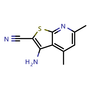 Chemical structure of 3-amino-4,6-dimethylthieno[2,3-b]pyridine-2-carbonitrile , CAS 52505-57-4, AChemBlock X214585