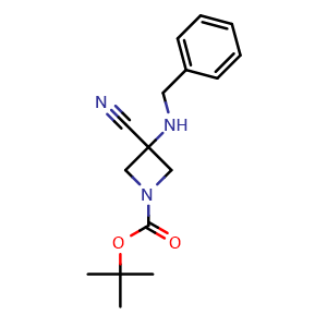 Chemical structure of 3-Benzylamino-3-cyano-azetidine-1-carboxylic acid tert-butyl ester , CAS 1517372-68-7, AChemBlock X214595
