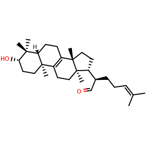 Chemical structure of 3beta-Hydroxylanosta-8,24-diene-21-al , CAS 96574-03-7, AChemBlock X214596
