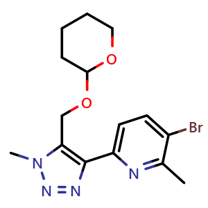 Chemical structure of 3-bromo-2-methyl-6-[1-methyl-5-(tetrahydropyran-2-yloxymethyl)triazol-4-yl]pyridine , CAS 2170129-04-9, AChemBlock X214608