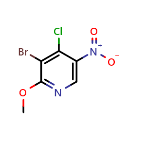 Chemical structure of 3-bromo-4-chloro-2-methoxy-5-nitro-pyridine , CAS 1824617-42-6, AChemBlock X214618