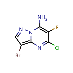 Chemical structure of 3-bromo-5-chloro-6-fluoropyrazolo[1,5-a]pyrimidin-7-amine , CAS 2681395-33-3, AChemBlock X214636