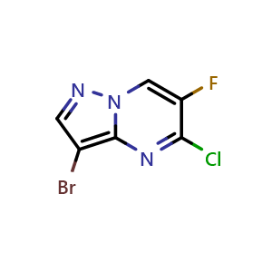 Chemical structure of 3-bromo-5-chloro-6-fluoropyrazolo[1,5-a]pyrimidine , CAS 2681395-31-1, AChemBlock X214637
