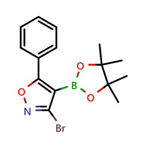Chemical structure of 3-bromo-5-phenyl-4-(4,4,5,5-tetramethyl-1,3,2-dioxaborolan-2-yl)isoxazole , CAS 509152-18-5, AChemBlock X214646