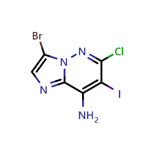 Chemical structure of 3-bromo-6-chloro-7-iodoimidazo[1,2-b]pyridazin-8-amine , CAS 2664901-38-4, AChemBlock X214651