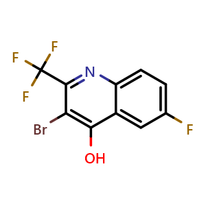 Chemical structure of 3-Bromo-6-fluoro-4-hydroxy-2-trifluoromethylquinoline , CAS 1072944-66-1, AChemBlock X214656