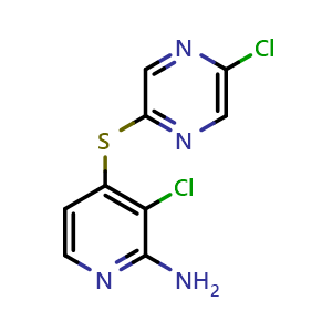 Chemical structure of 3-chloro-4-(5-chloropyrazin-2-yl)sulfanyl-pyridin-2-amine , CAS 2056004-13-6, AChemBlock X214675