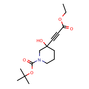 Chemical structure of 3-Ethoxycarbonylethynyl-3-hydroxy-piperidine-1-carboxylic acid tert-butyl ester , CAS 1415562-74-1, AChemBlock X214704
