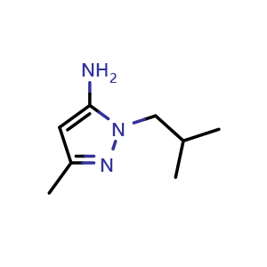 Chemical structure of 3-methyl-1-(2-methylpropyl)-1H-pyrazol-5-amine , CAS 3524-36-5, AChemBlock X214747