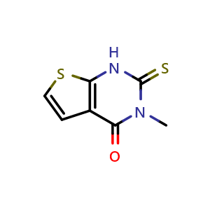 Chemical structure of 3-methyl-2-sulfanylidene-1H,2H,3H,4H-thieno[2,3-d]pyrimidin-4-one , CAS 554423-03-9, AChemBlock X214756