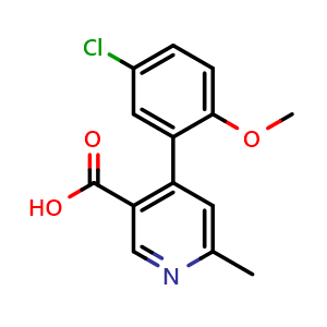 Chemical structure of 4-(5-chloro-2-methoxy-phenyl)-6-methyl-pyridine-3-carboxylic acid , CAS 2782813-27-6, AChemBlock X214843