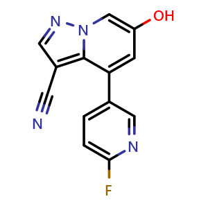 Chemical structure of 4-(6-fluoro-3-pyridyl)-6-hydroxy-pyrazolo[1,5-a]pyridine-3-carbonitrile , CAS 2222654-09-1, AChemBlock X214849