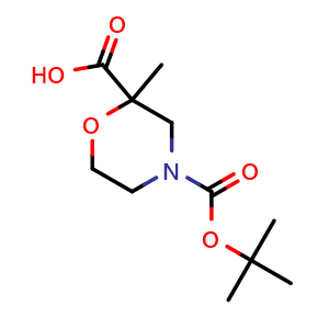 Chemical structure of 4-(tert-butoxycarbonyl)-2-methylmorpholine-2-carboxylic acid , CAS 1205749-71-8, AChemBlock X214884