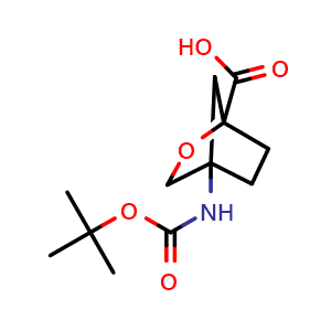 Chemical structure of 4-(tert-butoxycarbonylamino)-2-oxabicyclo[2.2.1]heptane-1-carboxylic acid , CAS 2411196-08-0, AChemBlock X214885