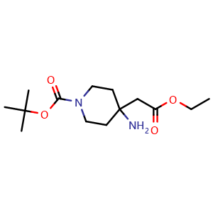 Chemical structure of 4-Amino-4-ethoxycarbonylmethyl-piperidine-1-carboxylic acid tert-butyl ester , CAS 1333222-34-6, AChemBlock X214969