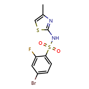 Chemical structure of 4-Bromo-2-fluoro-N-(4-methylthiazol-2-yl)benzenesulfonamide , CAS 1771023-86-9, AChemBlock X214999