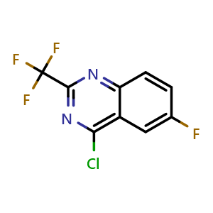 Chemical structure of 4-chloro-6-fluoro-2-(trifluoromethyl)quinazoline , CAS 959238-11-0, AChemBlock X215059