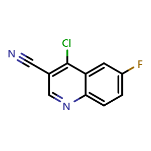 Chemical structure of 4-chloro-6-fluoro-quinoline-3-carbonitrile , CAS 886362-73-8, AChemBlock X215061