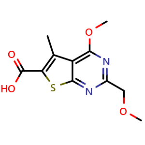 Chemical structure of 4-methoxy-2-(methoxymethyl)-5-methylthieno[2,3-d]pyrimidine-6-carboxylic acid , CAS 877825-77-9, AChemBlock X215114