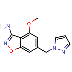 Chemical structure of 4-methoxy-6-(pyrazol-1-ylmethyl)-1,2-benzoxazol-3-amine , CAS 2568912-43-4, AChemBlock X215123