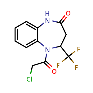 Chemical structure of 5-(2-chloroacetyl)-4-(trifluoromethyl)-2,3,4,5-tetrahydro-1H-1,5-benzodiazepin-2-one , CAS 923168-29-0, AChemBlock X215174