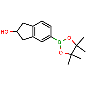 Chemical structure of 5-(4,4,5,5-tetramethyl-1,3,2-dioxaborolan-2-yl)-2,3-dihydro-1H-inden-2-ol , CAS 1857348-77-6, AChemBlock X215181