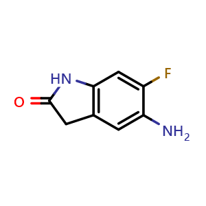 Chemical structure of 5-amino-6-fluoro-2,3-dihydro-1H-indol-2-one , CAS 1824465-74-8, AChemBlock X215261