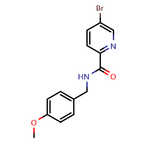 Chemical structure of 5-bromo-N-[(4-methoxyphenyl)methyl]pyridine-2-carboxamide , CAS 951885-02-2, AChemBlock X215358