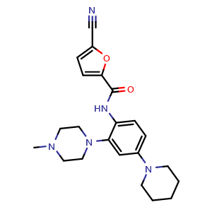 Chemical structure of 5-cyano-N-(2-(4-methylpiperazin-1-yl)-4-(piperidin-1-yl)phenyl)furan-2-carboxamide , CAS 2742268-51-3, AChemBlock X215395