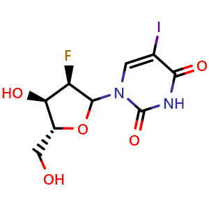 Chemical structure of 5-iodo-1-(2-fluoro-2-deoxyribofuranosyl)uracil , CAS 55612-21-0, AChemBlock X215435